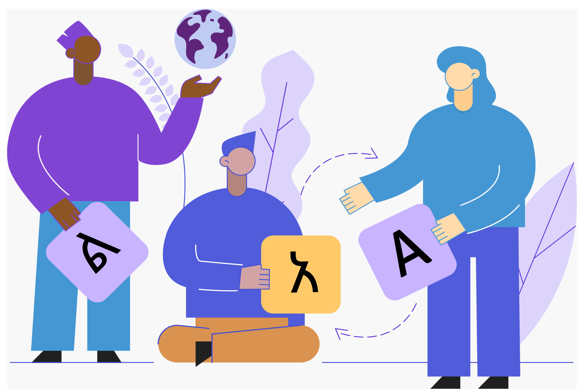 People exchanging Ge'ez and English alphabets. A person standing with the initial of Lesan on one hand and the world on the other symbolizing our mission to make the web accessible.